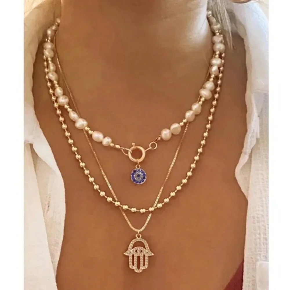Gold Tone Hamsa Multilayer Necklace